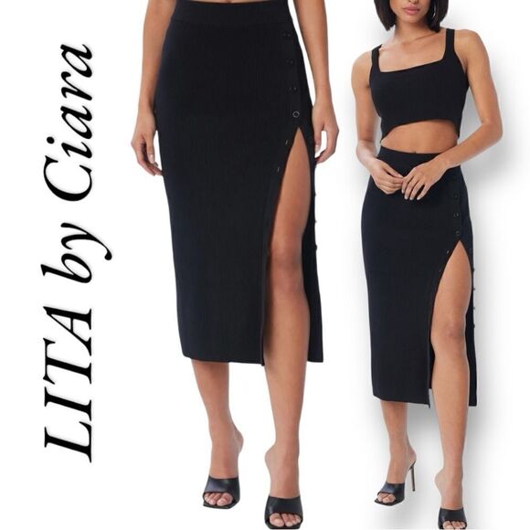 LITA By Ciara Women’s Side Buttons Rib Organic Cotton Midi Skirt in the Size L